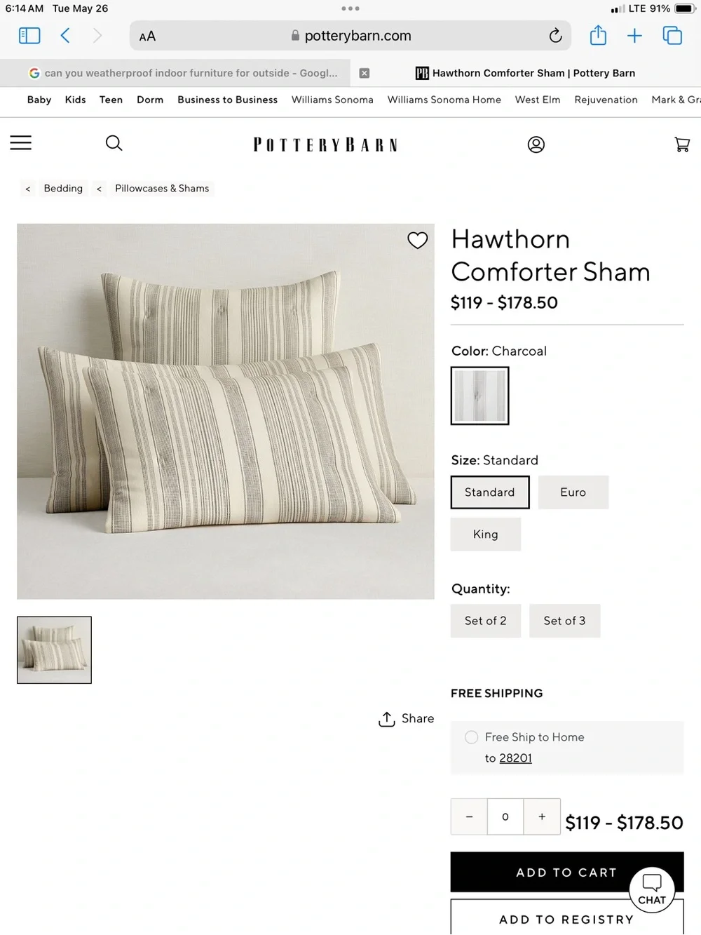 Bundle of 2 Pottery Barn Hawthorne Striped Euro Shams❤️❤️❤️❤️